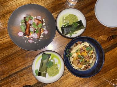 Photos of apps from The Lobbyist (tamales, corn hash &amp; pork belly)