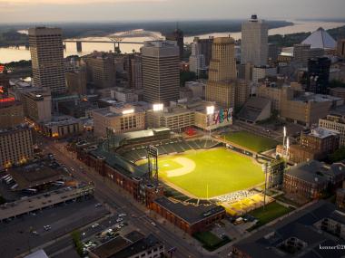Aerial view of Downtown Memphis and AutoZone Park.