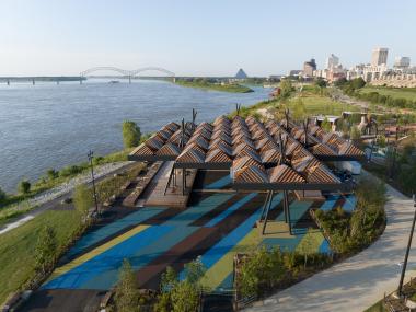 aerial photo of new tom lee park with sunset canopy