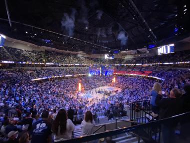 wide shot of crowd and court inside Fedex forum during memphis grizzlies opening night
