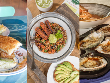 three photo of collage of food