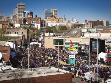 A crowd outside the National Civil Rights Museum for King Day.