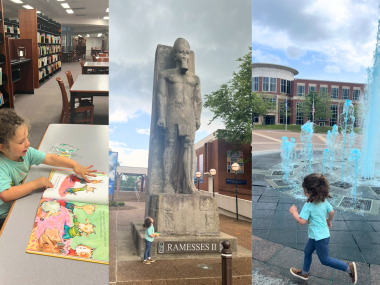 montage of three photos of child exploring u of m campus: photo one is child reading a book, second is child standing next to tall statue, and third is child running in front of blue water fountain