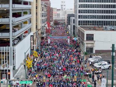 Overhead view of runners of the St. Jude Marathon in the streets of Memphis