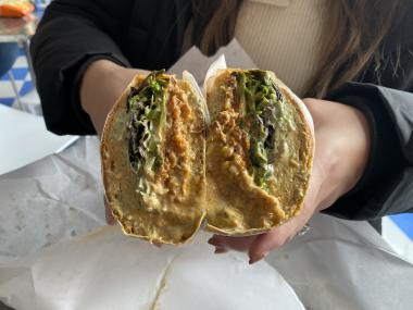 eggplant sandwich cut in half from Hard Times Deli