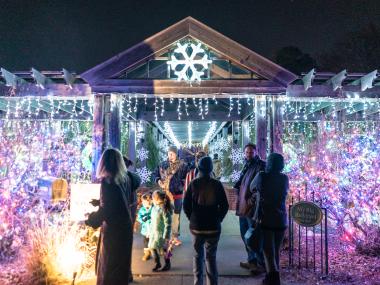 Guests enjoying holiday light displays at Holiday Wonders at Memphis Botanic Garden.