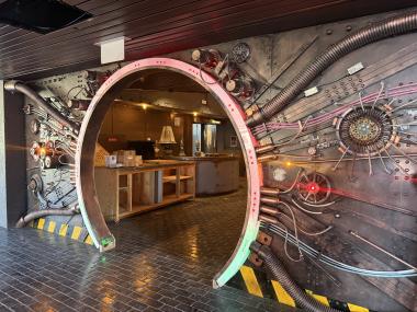 entrance to BVO with metal futuristic design covering walls