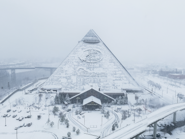 bass pro pyramid covered and surround by snow