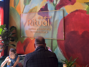 colorful mural painted on wall at new Ritual bistro