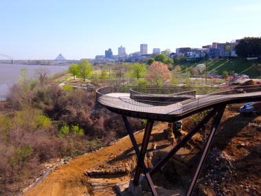 aerial image of Memphis Flyway walkway being constructed with Memphis skyline background