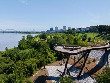 Memphis Flyway, a 220-foot elevated walkway over wetlands and tree canopies at Tom Lee Park