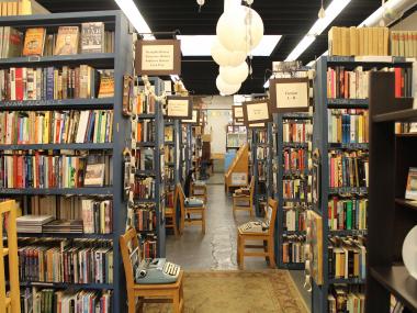 Shelves filled with books at Burke's Books.